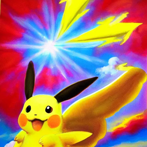 Prompt: painting of winged pikachu, celestial, miraculous, sun rays, award winning