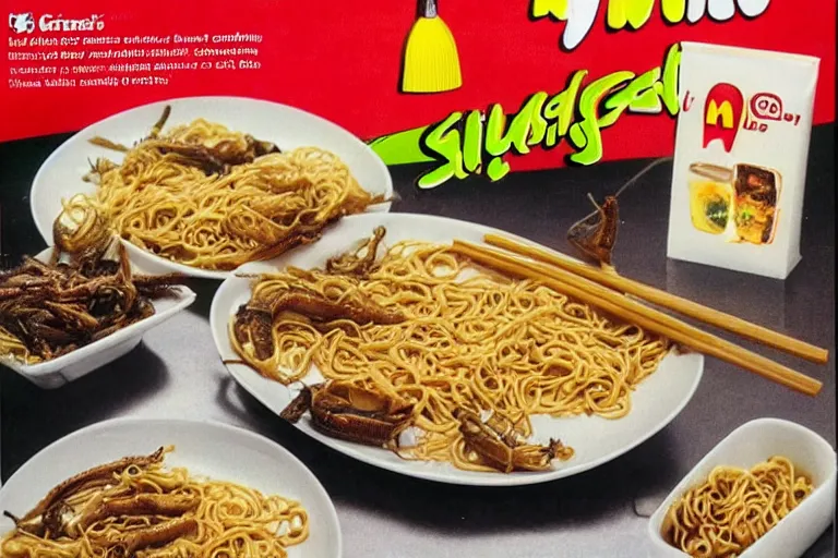 Prompt: mcdonald's fried slugs and crickets served with noodles meal, in 1 9 9 5, y 2 k cybercore, advertisement photo