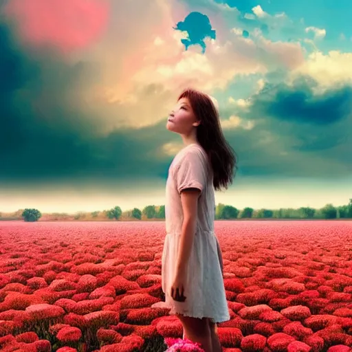 Image similar to head made of carnations flower, girl standing in a vast flower field, surreal photography, sunrise dramatic light, impressionist painting, colorful clouds, large sky, digital painting, artstation, simon stalenhag, flower face