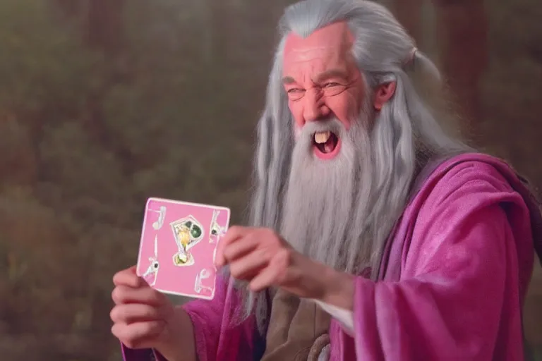 Image similar to portrait of Gandalf wearing pink Hello kitty costume, laughing maniacally, looking at a playing card in his hand, sunrise, movie still from Lord of the Rings, cinematic