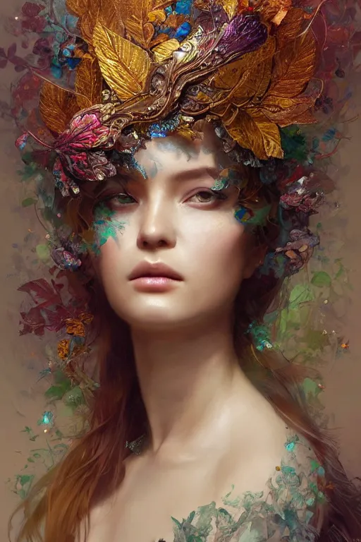 Image similar to a beautiful girl in intricate detailed color oilpaint, 3 d render, hyper realistic detailed portrait, flocking color leaves, ornate leaves headpiece, elegant, intense colors, ruan jia, wlop. scifi, fantasy, hyper detailed, octane render, concept art, by peter mohrbacher, by alphonse mucha, by wlop, by ruan jia