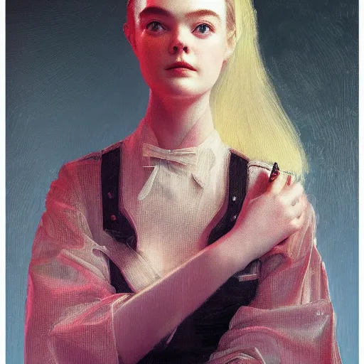 Prompt: Elle Fanning as an Android, oil on canvas, neon lighting, artstation, by J. C. Leyendecker and Peter Paul Rubens,