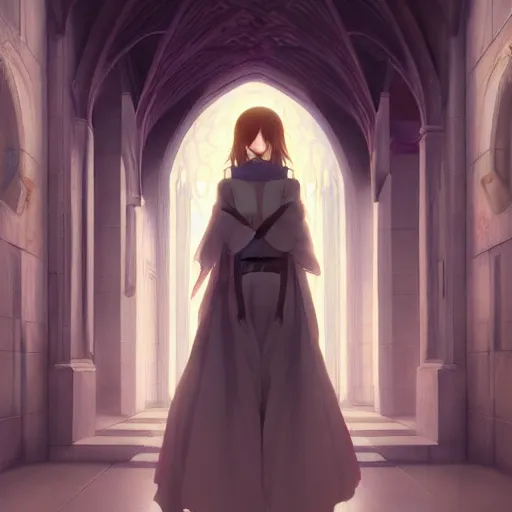 Image similar to angelic girl in intricate clothing walking a cathedralic hallway at night, wlop, ilya kuvshinov, artgerm, krenz cushart, greg rutkowski, sana takeda