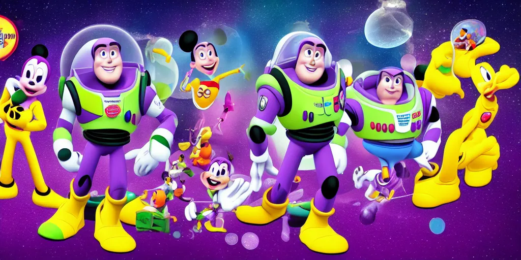 Image similar to mickey face, buzz lightyear body, space background, cinematic