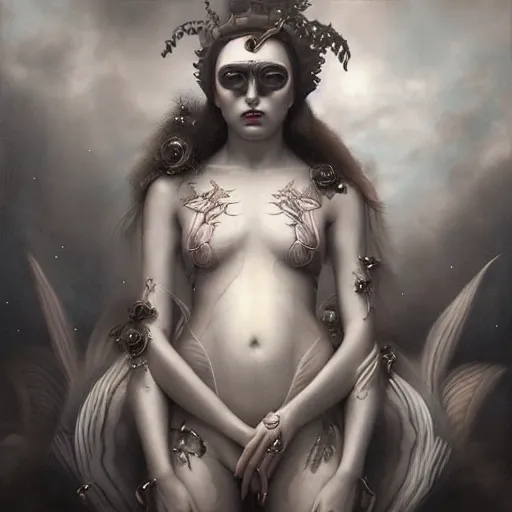 Image similar to By Tom Bagshaw, ultra realist soft painting of curiosities carnival by night, very beautiful cultist full bodysuit radiant blades, symmetry accurate features, very intricate details, ominous sky, black and white, volumetric light clouds