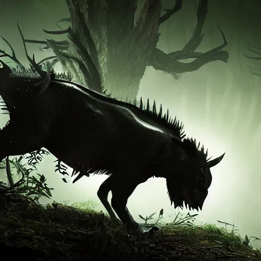 Prompt: black scorpion, hunting a wild boar, dark forest, night scene, highly detailed, intricate, dramatic lighting, octane render, photorealistic, hd, scary