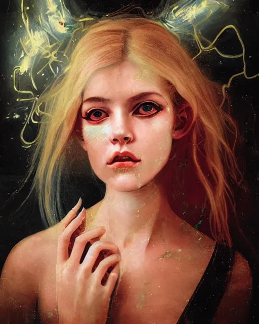 Image similar to a baroque painting of a gorgeous young woman in dead space, with wild blonde hair and haunted eyes, 1 9 7 0 s, space station, neon light showing injuries, delicate ex embellishments, painterly, offset printing technique