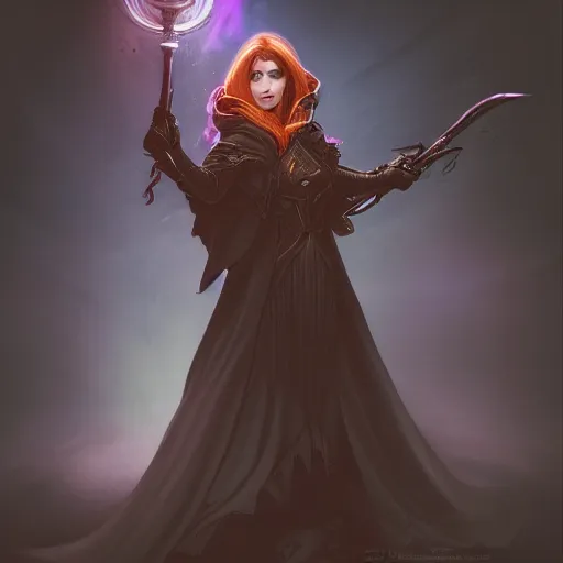 Image similar to a female warlock posing for photo , dynamic pose, natural lighting, medium level shot , epic scene, Mucha style , Grim fantasy, illustration ,concept art,