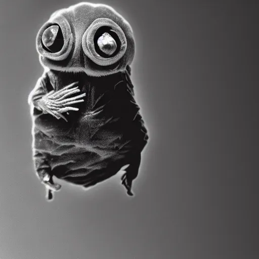 Prompt: electron microscope photograph of a Friendly Tardigrade Animal, smiling and waving at the camera