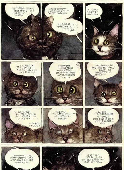 Image similar to a hyper realistic ink cat in a spaaceship 6 panel comic by chiara bautista and norman rockwell and greg rutkowski weta studio, and lucasfilm