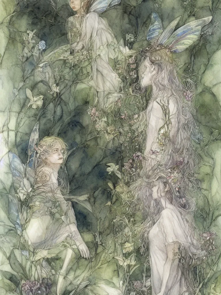 Image similar to study of a flower fairy, illustration, watercolor, alan lee, detailed, pretty, ethereal,