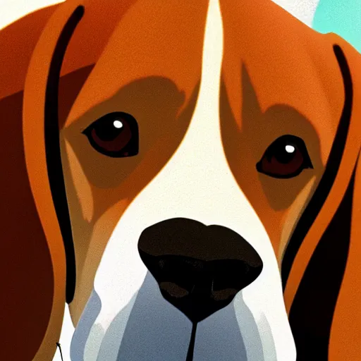 Prompt: centered!! macro head portrait of a beagle, artstation, detailed cartoon, elegant, digital painting, concept art, smooth, sharp focus, illustration, ghibli, makoto shinkai, don bluth, fujita goro, jean giraud, akihiko yoshida, tom whalen 8 k