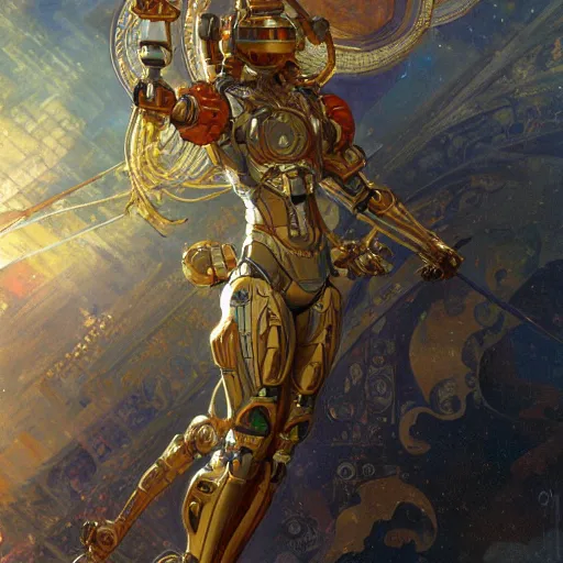 Image similar to a stunning dynamic pose full body of a celestial robot, intricate, 8k highly professionally detailed, hdr, CGSociety, dark fantasy, dynamic lighting, cinematic, pristine, smooth, cosplay, elegant, sharp focus, art by alphonse mucha and greg rutkowski,