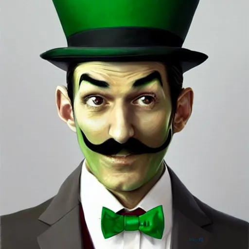 Prompt: hyper realistic portrait painting, beautifully rendered, dapper fancy luigi wearing a green top hat, green suit and bowtie, smirking deviously, painted by greg rutkowski, wlop, artgerm, dishonored 2