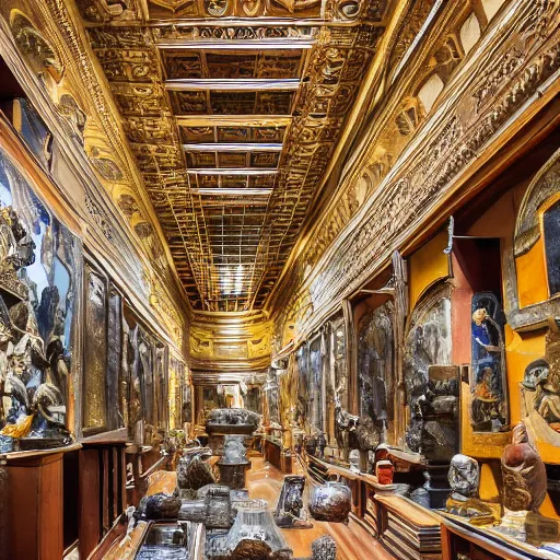 Prompt: An enormous treasure trove filled with ancient treasures, wide shot, ultra-high definition, 4K, museum quality photo