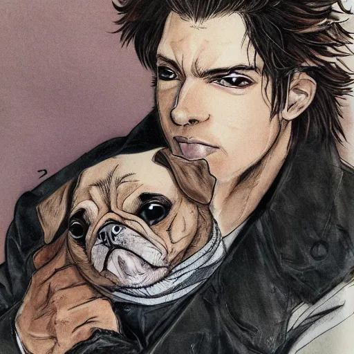 Image similar to self portrait, young white hispanic handsome man with short light brown hair and light skin and a 5 o clock shadow and holding a pug while fighting against 2 swordsmen pencil art, added detail, high definiton, colored, backfacing, illustrated by yoji shinkawa