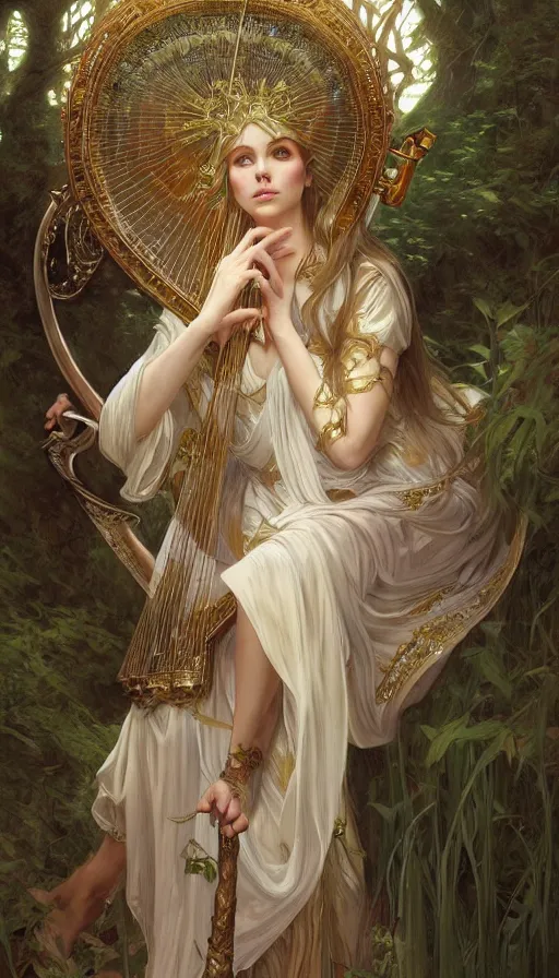 Image similar to portrait of queen of the elves playing a harp, ethereal, expressive pose, intricate dress, fantasy, intricate, forest background, highly detailed, digital painting, artstation, concept art, smooth, sharp focus, illustration, art by artgerm and greg rutkowski and alphonse mucha