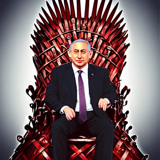 Image similar to “Benjamin Netanyahu sitting on the iron throne, 4k, award winning, Digital art, scene from game of thrones”