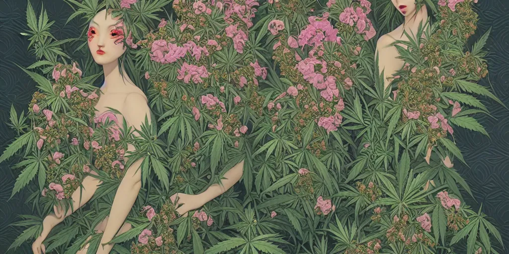 Image similar to breathtaking detailed concept art painting art deco pattern of cannabis goddesses amalgamation cannabis flowers, by hsiao - ron cheng, bizarre compositions, exquisite detail, extremely moody lighting, 8 k