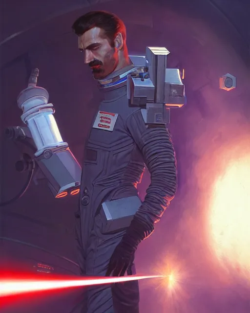 Image similar to gigachad luigi firing a laser cannon like ernest khalimov wearing a suit in the space lab, fantasy character portrait, ultra realistic, anime key visual, concept art, intricate details, highly detailed by greg rutkowski, ilya kuvshinov, gaston bussiere, craig mullins, simon bisley