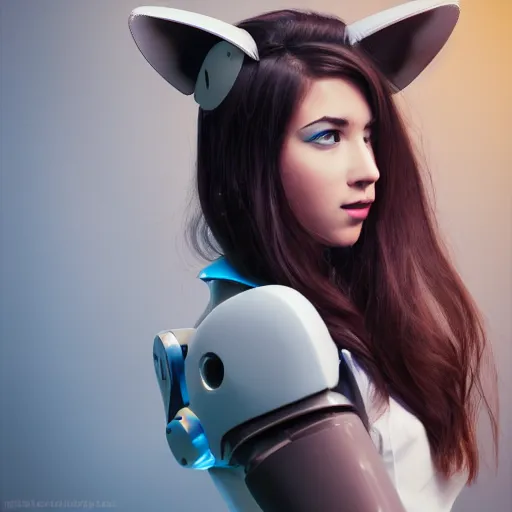 Prompt: Profile face angle of a cute young woman with robot ears and eyes, 4k, sharp focus, Andreas Rocha