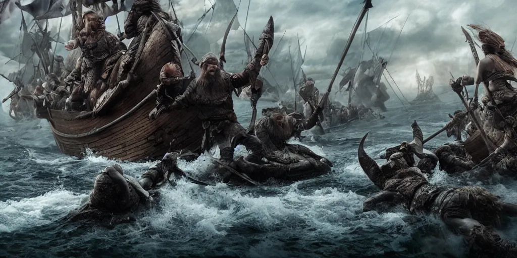 Image similar to Vikings versus the kraken, the last stand, Epic Background, highly detailed, sharp focus, 8k, 35mm, cinematic lighting