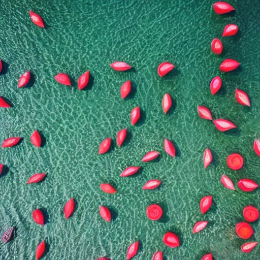 Prompt: watermelons float on the ocean, photo from a height of 1 km