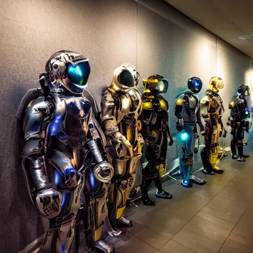 Prompt: love, diverse wall of cybersuits, from behind, many rituals, wide wide angle, vivid, elaborate, highly detailed, beautiful lighting