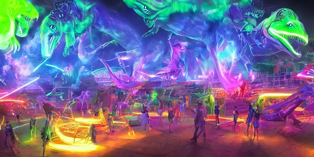 Image similar to neon laser dinosaurs at the county fair by makoto shinkai