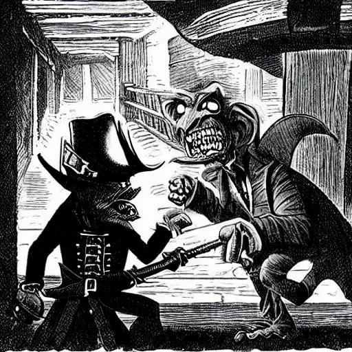 Image similar to a goblin with a large nose and a pirate with a bandana negotiating a contract with Micheal Morbius in a Western saloon. Realism