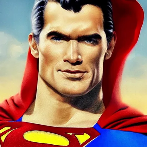 Prompt: hyper realistic portrait of superman with blonde two sides hair and thin face lines, his cape is the american flag