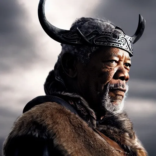 Image similar to profile photo of morgan freeman in a dark viking hood playing odin all father from the thor movie, highly detailed, cinematic shot, cinematic lighting, 8 k, exquisit facial detail