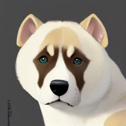 Image similar to a puppy, husky, german shepherd, pit bull mix, blue eyes, caramel brown ears, symmetrical, vertical broad white stripe on face, realistic, cute, beautiful, detailed by Goro Fujita