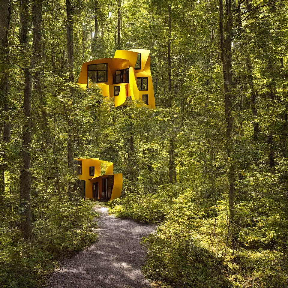 Image similar to a tiny house in a light forest clearing, designed by Frank Gehry. Tiles. Gravel pathway. Film grain, cinematic, yellow hue