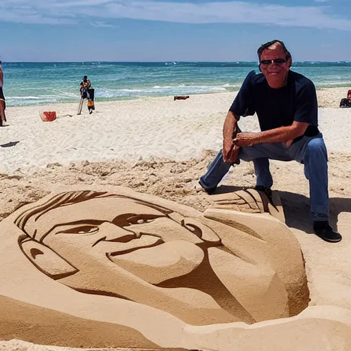 Image similar to a sand sculpture of jair messias bolsonaro on the beach