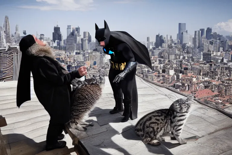 Image similar to Batman petting his Pallas cat on a rooftop, by Emmanuel Lubezki