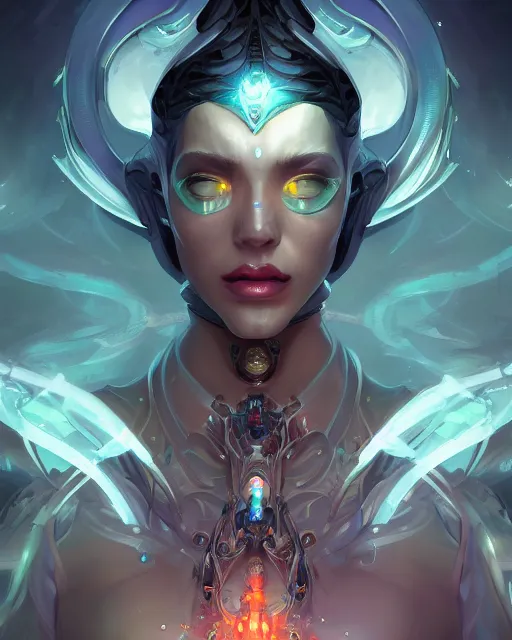 Image similar to portrait of a beautiful cybernetic empress, splash art by pete mohrbacher and artgerm and wlop, digital art, highly detailed, intricate, fantasy, mystical, sharp focus, Trending on Artstation HQ, deviantart, unreal engine 5, 4K UHD image