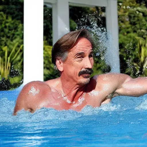 Prompt: mike lindell jumping into a pool full of cocaine