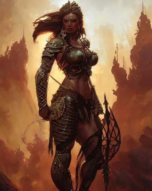 Image similar to a fierce and muscular warrior princess in full armor, fantasy character portrait by greg rutkowski, gaston bussiere, craig mullins, simon bisley