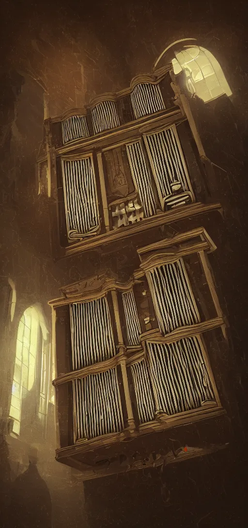 Prompt: a rendered painting of a run pipe organ, lots of detail, volumetric lighting, concept art, digital painting, trending on artstation, vivid, gloomy, abandoned, no people, scary