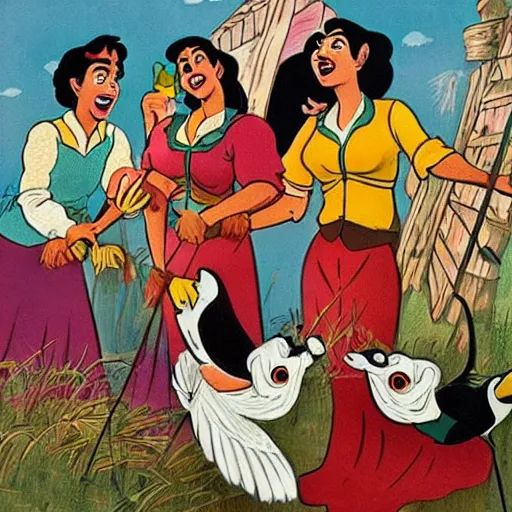 Prompt: Hispanic cleaning ladies from a 1900s Disney cartoon animated film, singing and dancing with the birds and deer in a Spanish favela