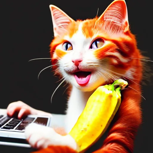 Image similar to happy red - haired cat using a computer, viewed while eating a banana, black background, retro design, high quality detailed image