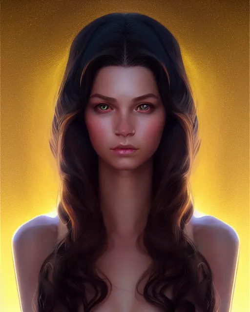 Image similar to symmetry portrait of brunette princess, glam, deco, glowing skin, intricate, elegant, highly detailed, digital painting, artstation, concept art, smooth, sharp focus, illustration, art by artgerm and greg rutkowski and fra angelico and unreal engine 5