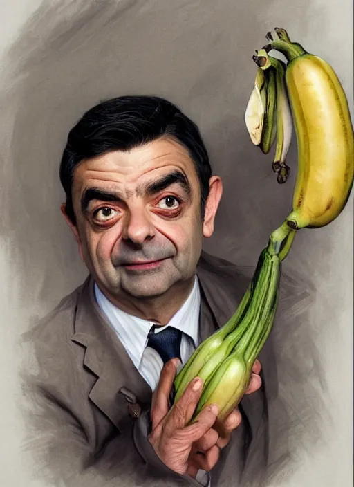 Prompt: Rowan Atkinson as cross eyed Mister Bean holding a banana, intricate, elegant, highly detailed, centered, digital painting, artstation, concept art, smooth, sharp focus, illustration, art by artgerm and donato giancola and alphonse mucha