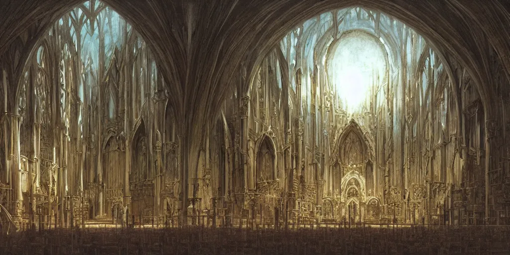 Image similar to Artwork by John Howe of the cinematic view of the Sanctuary of the Executioner.