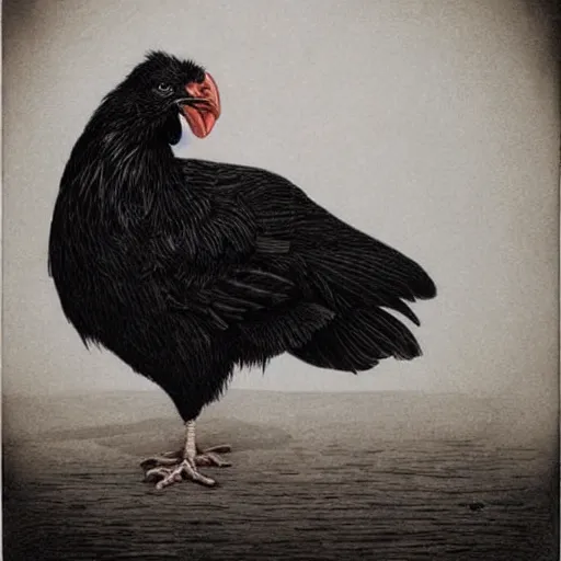 Image similar to a majestic black chicken with royal 'red!!! comb!!!', colored ultra-detailed pen and ink illustration, matte painting, concept art, impossible fine lines, by John Kenn Mortensen