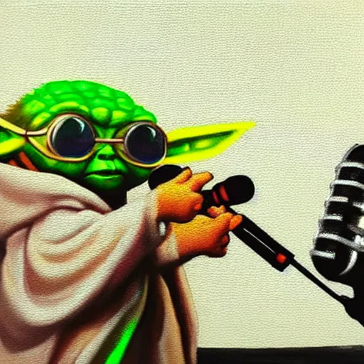 a painting of baby yoda wearing sunglasses holding a Stable Diffusion
