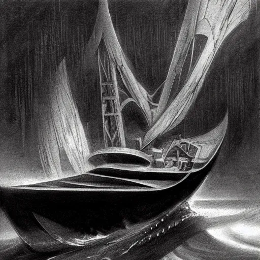 Image similar to a black and white photo of a boat in the water, concept art by hugh ferriss, behance contest winner, symbolism, lovecraftian, concept art, official art