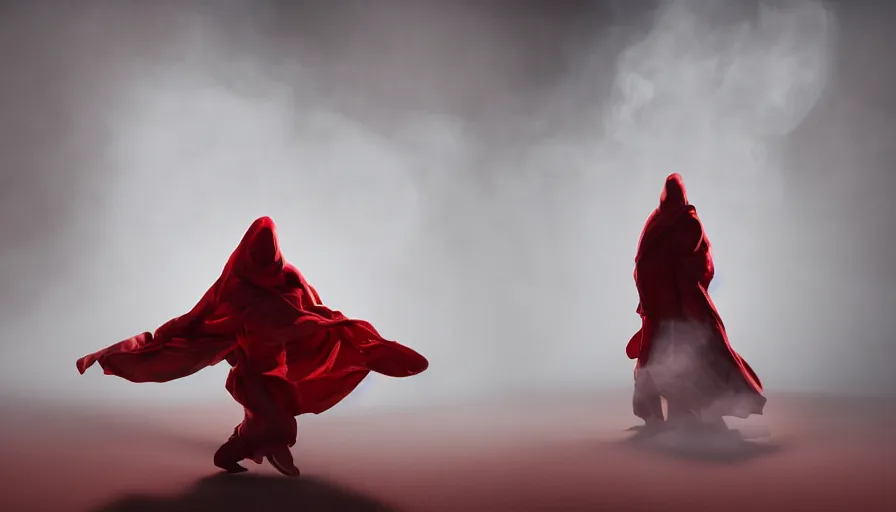Image similar to a smoke - figure covered by red cloth that's blowing in the wind standing in a beautiful penthouse with atmospheric light, digital art, concept art, cloth simulation with houdini, octane, redshift, 8 k