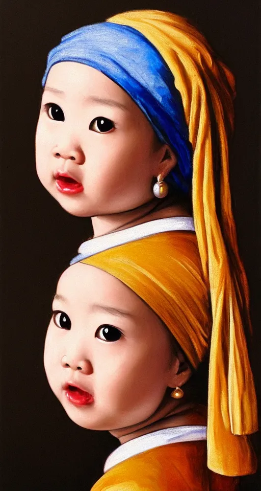 Image similar to A portrait of a lovely Asian baby girl imitating Girl with a Pearl Earring, realistic detailed oil painting, dark background, 4k,